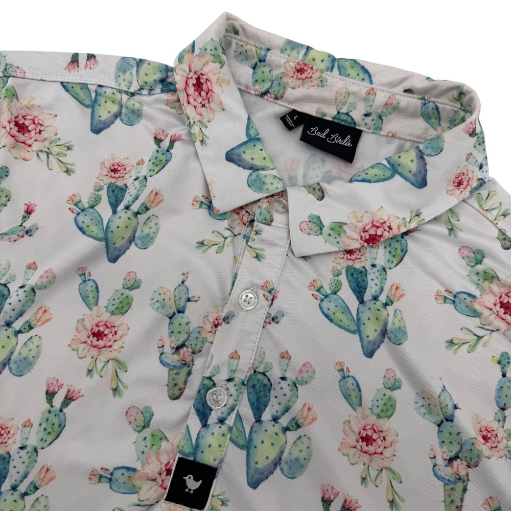 Bad Birdie Polo Shirt Mens Large Gray Cactus Floral Print Short Sleeve Golf Top‎